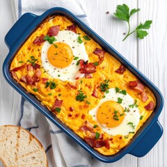 Baked egg dish with bacon in a blue pan