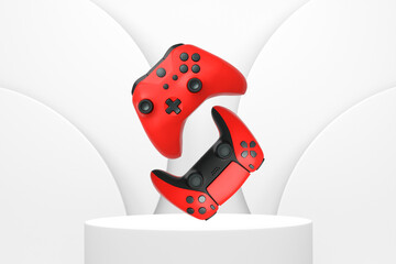 Colorful gaming controllers joystick levitating over podium against abstract background, minimalist concept device on pedestal