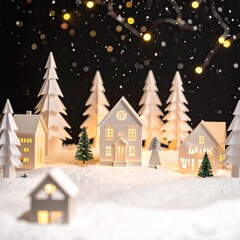 A miniature winter village scene.  White paper houses and trees, lit from within, nestled in a snowy landscape, with a bokeh effect of golden lights in the background