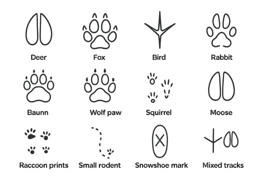 Winter Animal Tracks. Winter wildlife in snow &ndash; Tracks in Snow. Line outline icon set of Tracks in Snow: deer