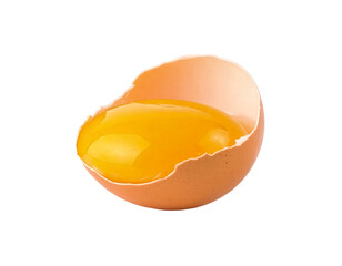 Cracked brown egg with yellow yolk on transparent background
