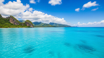 Fototapeta premium Crystal Clear Turquoise Sea with Tropical Island Mountains and Blue Sky