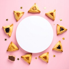 Hamantaschen cookies, various fillings, arranged around a blank white circle on a pink background, with golden star confetti