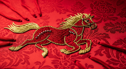 Embroidered red horse with golden mane and tail on vibrant red fabric with floral patterns running fast to the right