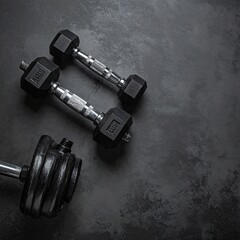 Two dumbbells and a barbell on a dark gray surface