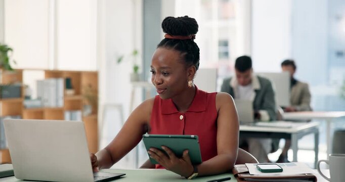Media agency, internet and woman in office, tablet and planning with website blog. Person, copywriting and journalist with tech, reading and magazine editor with submission, app or online publication