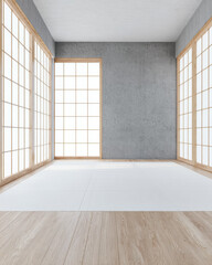 Obraz premium Bright open space with large windows and simple flooring perfect for many activities in a modern room