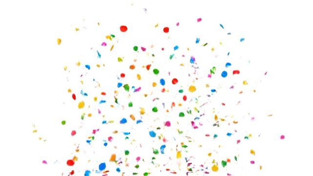 Numerous small, colorful confetti pieces descend and scatter across a bright white background