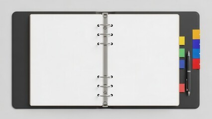 Pristine and minimalist black leatherette ring binder with clean, blank white pages open to a fresh start, accompanied by a sleek silver pen and vibrant sticky tab dividers, presented in soft,