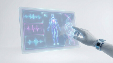 Hand Touching Futuristic Medical Interface with Human Anatomy