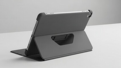 Sleek, modern gray tablet encased in a protective folding stand case with a built-in hand strap, dynamically positioned at a slight angle on a clean, minimalist white surface under soft, diffused