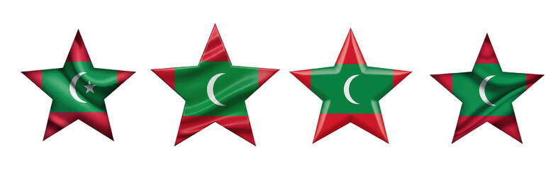 Set of four Maldives flag stars, patriotic national symbols, Maldives star shape decorations, isolated on white background, 3D render, holiday PNG.