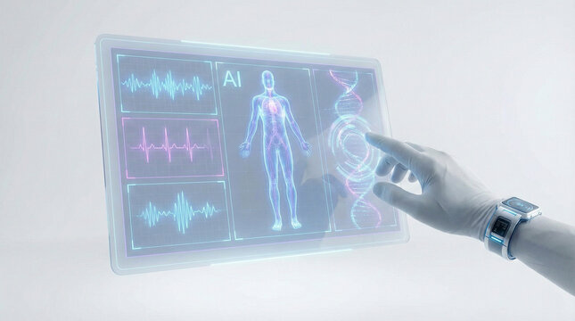 Hand Touching Futuristic Medical Interface with Human Anatomy - Powered by Adobe