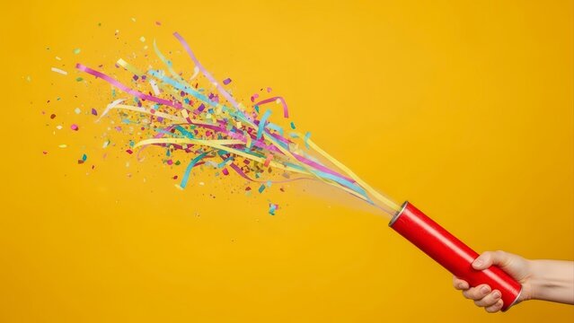Hand holding a red party popper with colorful confetti exploding against a vibrant yellow background.