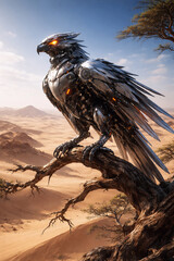 The iron bird perched proudly on a tree branch with a desert background.
