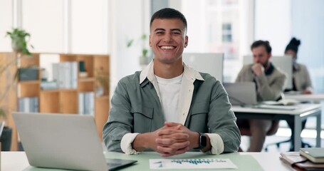 Face, man and smile with laptop in office for career pride, about us and data analysis for finance. Portrait, male person and coworking with graphs on document, financial statistics and profit growth - Powered by Adobe