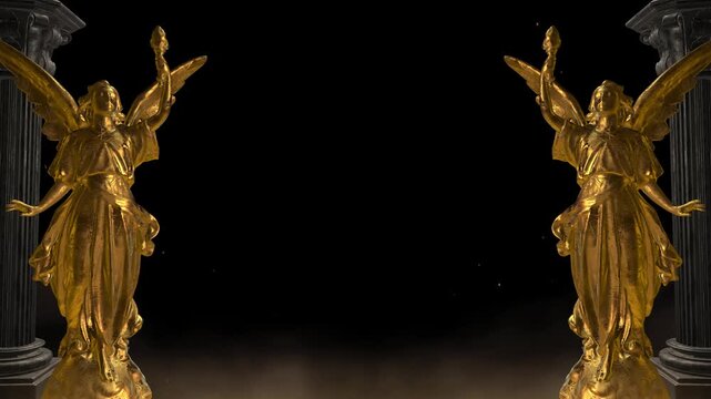 Two majestic golden angel statues stand beside ancient columns on a dramatic black background, exuding luxury, elegance, and spiritual significance.