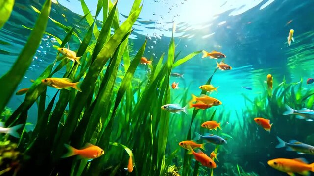 Vibrant underwater scene featuring numerous small orange and silver fish swimming among tall green aquatic plants under bright sunlit blue water