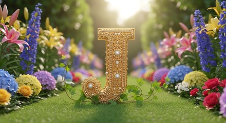Golden 'j' letter symbol stands tall amidst a vibrant spring garden blooming flowers