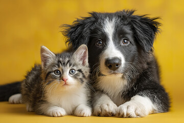 Fototapeta premium Cute kitten and black and white puppy lying together on bright yellow background with curious expression and soft fur texture