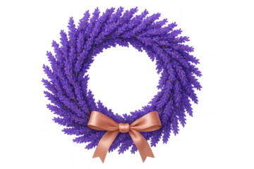 Lavender wreath with pink bow creating a beautiful floral decoration, purple design with transparent background