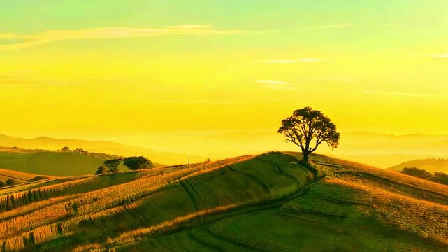 Stunning golden hour sunset illuminates rolling Tuscan hills with a solitary tree silhouetted against the vibrant yellow sky landscape