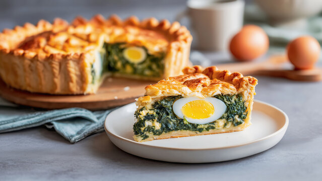 Close-up shot of a slice of fictional Easter savory pie Torta Pasqualina. With spinach, eggs, ricotta, parmesan. Concept of traditional Italian dishes for menus in the spring and Easter season. 