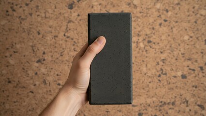 Hand holding a black smartphone on cork.