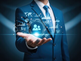 Businessman presenting digital interface with graphs and people icons in hand