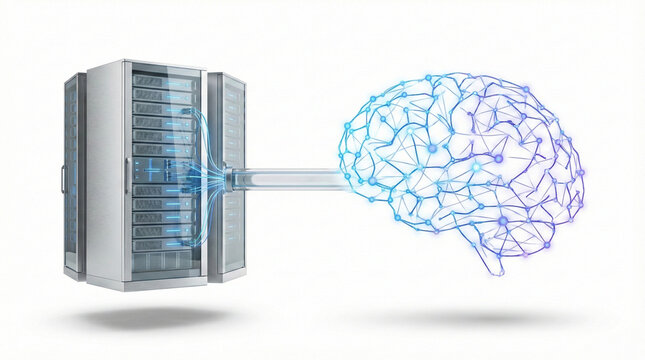 Data Transfer from Server Racks to Glowing Digital Brain - Powered by Adobe