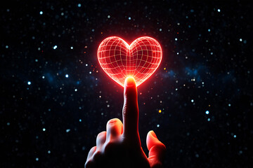 Finger touching glowing red wireframe heart against starry night sky hand