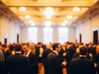 Blurry image of a large crowd of formally dressed people standing in a spacious room with bright lights
