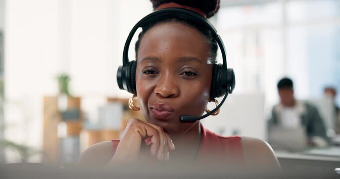 Thinking, woman and headset with computer in call center for problem solving of client inquiry. Person, reading and coworking with thoughts, online assistance and script solution of technical support
