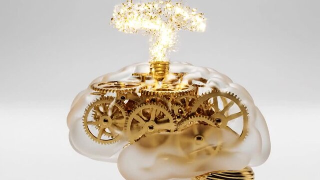 Translucent brain filled with intricate golden gears, illuminated by a bright central light