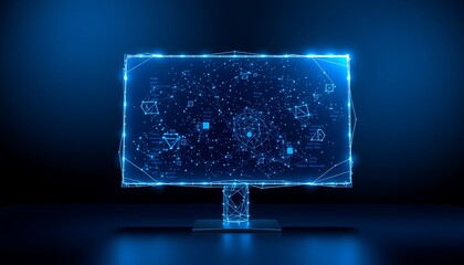 Computer monitor with glowing blue digital network and abstract shapes on dark background screen display