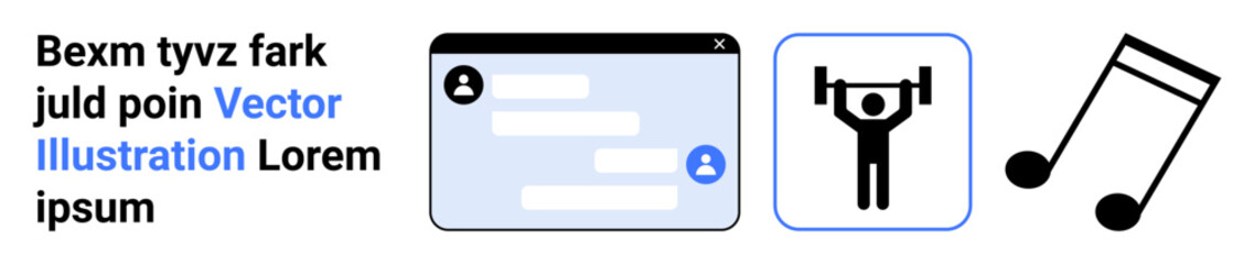 Obraz premium Communication, fitness, technology, multimedia, online interaction, recreation. A chat window, weightlifter icon and music note. Communication and fitness in a digital context