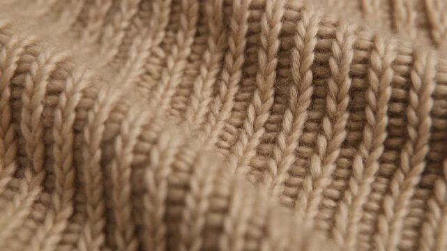 Textured close-up of soft beige ribbed knit fabric, highlighting the intricate wool pattern, perfect for cozy apparel, fashion backgrounds, and comfortable textile designs, evoking warmth