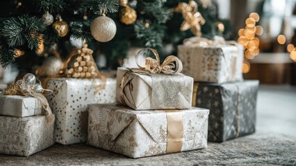 Elegant Christmas Gifts Stacked Under a Decorated Tree. Luxurious Holiday Presents Wrapped in Gold, Cream, and Silver Glitter Paper with Warm Bokeh Lights.