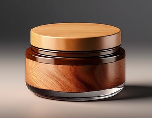 A wooden box with a gavel and a round cosmetic glass jar are isolated on a white background as a blank skincare packaging object for beauty and health