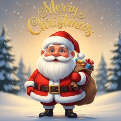 Festive santa claus with merry christmas greeting and gift sack in winter scene