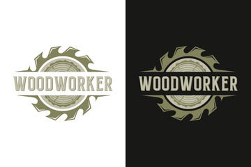 Modern Industrial Woodwork Logo - Saw Blade and Natural Tree Ring Icon