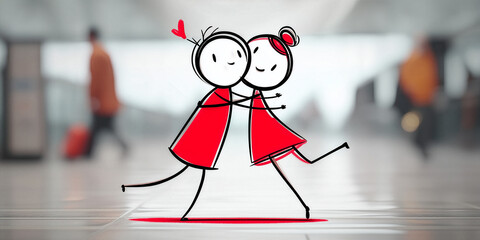 Joyful Stick Figures Embrace in Public Space