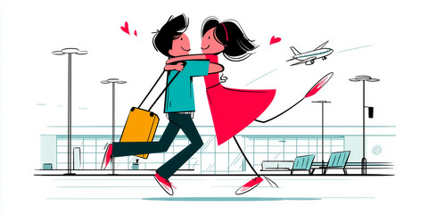 Happy Couple Embracing at Airport with Airplane
