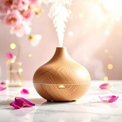 A light-brown, wooden-grain essential oil diffuser sits on a white marble surface, surrounded by pink flower petals and out-of-focus pink blossoms.  Steam is rising from the diffuser