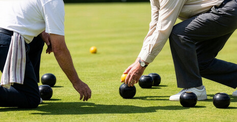 Senior Men Playing Lawn Bowls on a Sunny Green Field