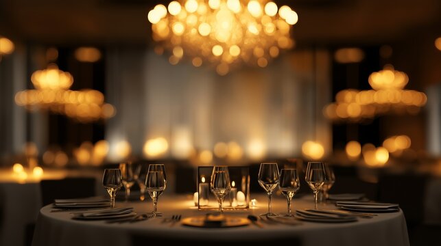 Elegant luxury dinner gala night poster design, crystal chandelier glowing warmly in the background, fine dining tableware, wine glasses, space for text, bokeh lights, and event poster.