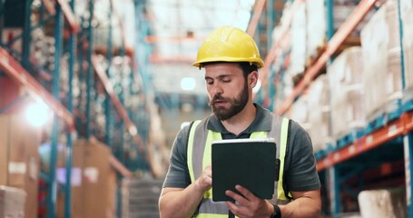 Tablet, inspection and man logistics employee in warehouse for online checklist for stock with delivery. Digital technology, communication and male supply chain manager with information for ecommerce - Powered by Adobe