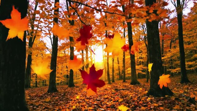 Golden hour illuminates a magical autumn forest floor covered in a fiery carpet of leaves.