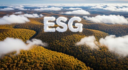 Environmental, Social, and Governance Concept: Fluffy White Letters Floating Above Lush Landscape, Demonstrating Sustainability and Ethical Investment