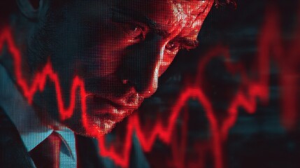 A businessman contemplatively observing stock market trends, showcasing stress and concentration.